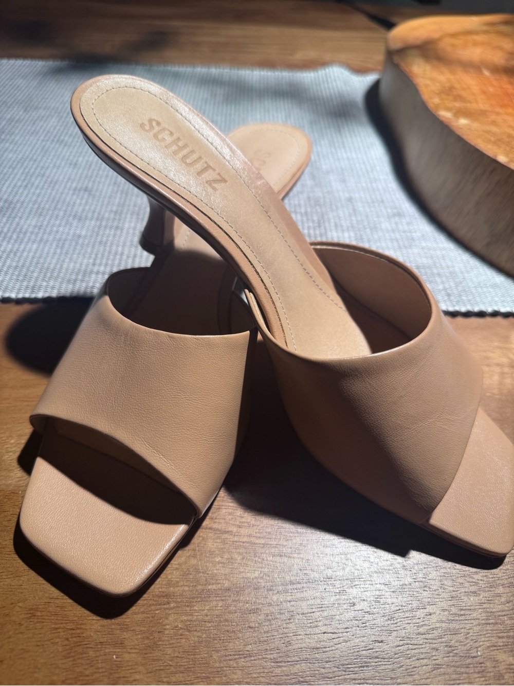 Schutz Nude Tan Square-Toe Slide Heels